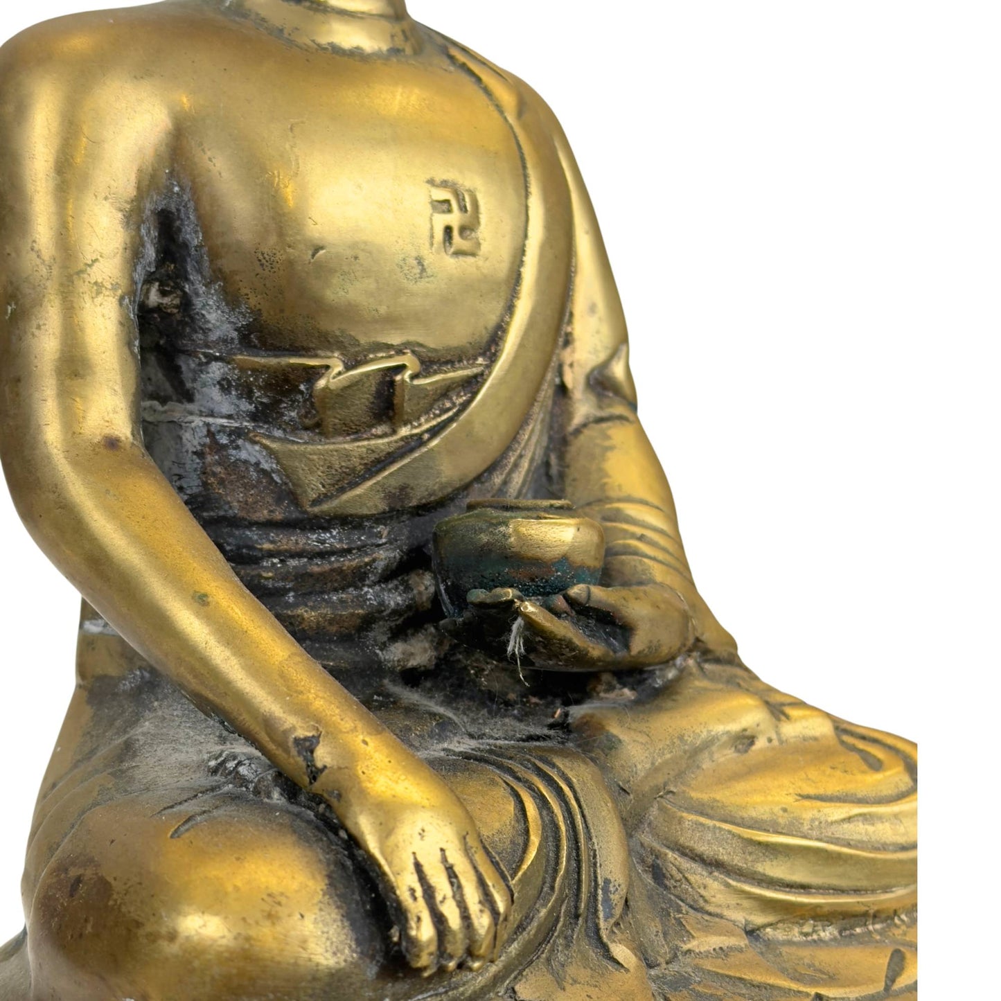Healing Buddha statue in gilded bronze with medicine bowl