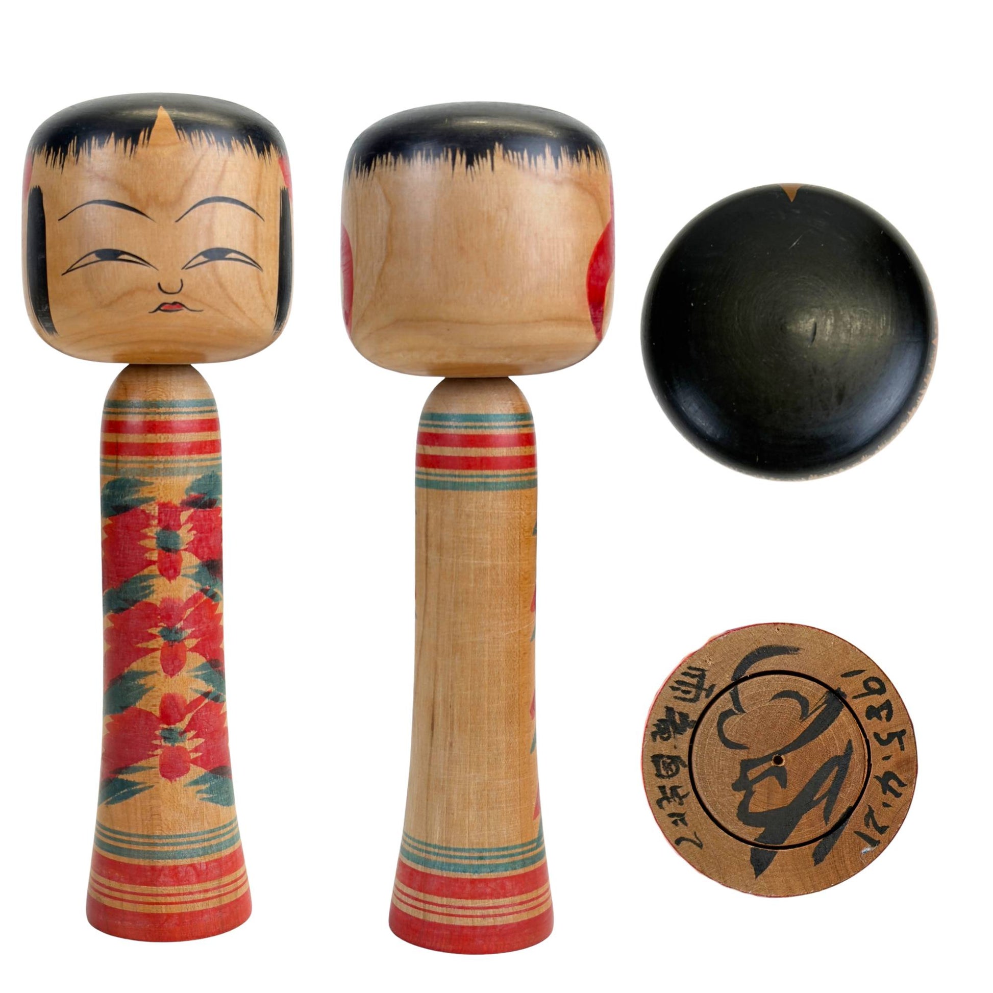 Hijiori Kokeshi pop van Masaie Sato, vooraanzicht en zijaanzicht 1985