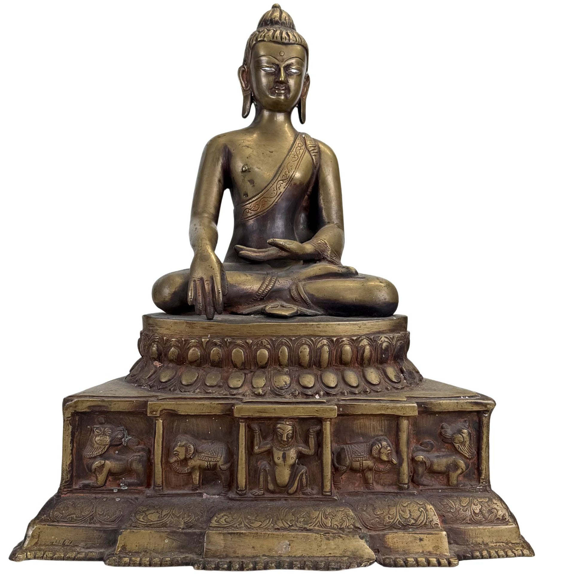 Antieke Himalaya bronzen Boeddha met zilveringelegde ogen uit de West-Tibetaanse Mustang traditie