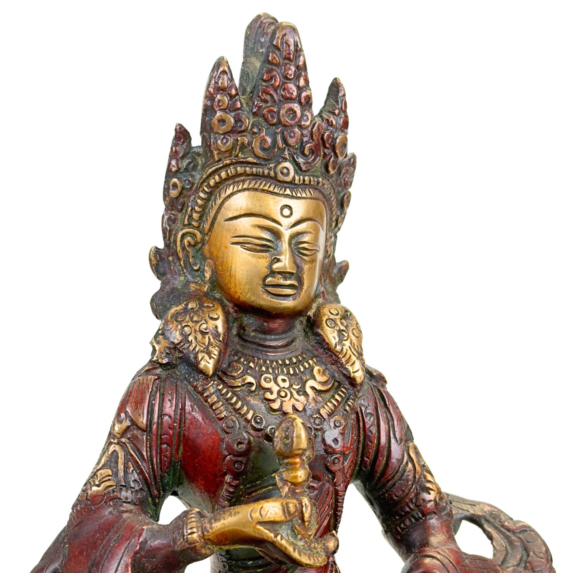 Himalaya Vajrasattva beeld met brede lotusbasis, rode patina, vergulde details en ritueel attribuut