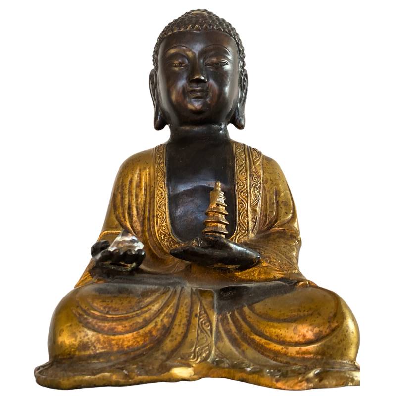 Himalayan Amitabha Buddha with Stupa & Crystal – Bronze, 27 cm – front view