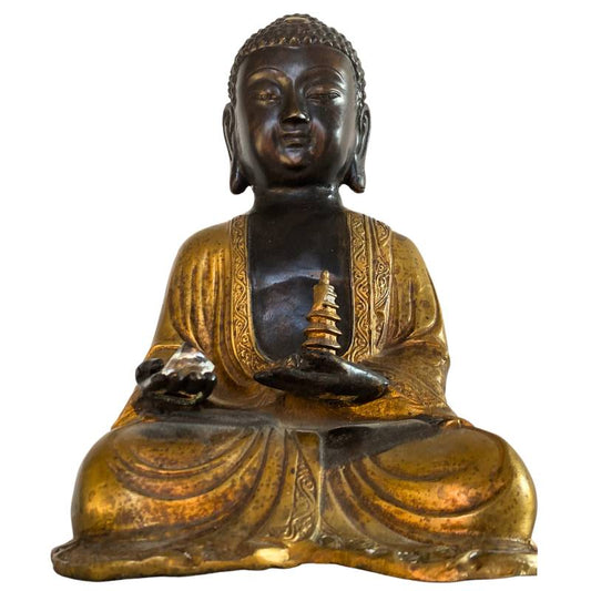 Himalayan Amitabha Buddha with Stupa & Crystal – Bronze, 27 cm – front view