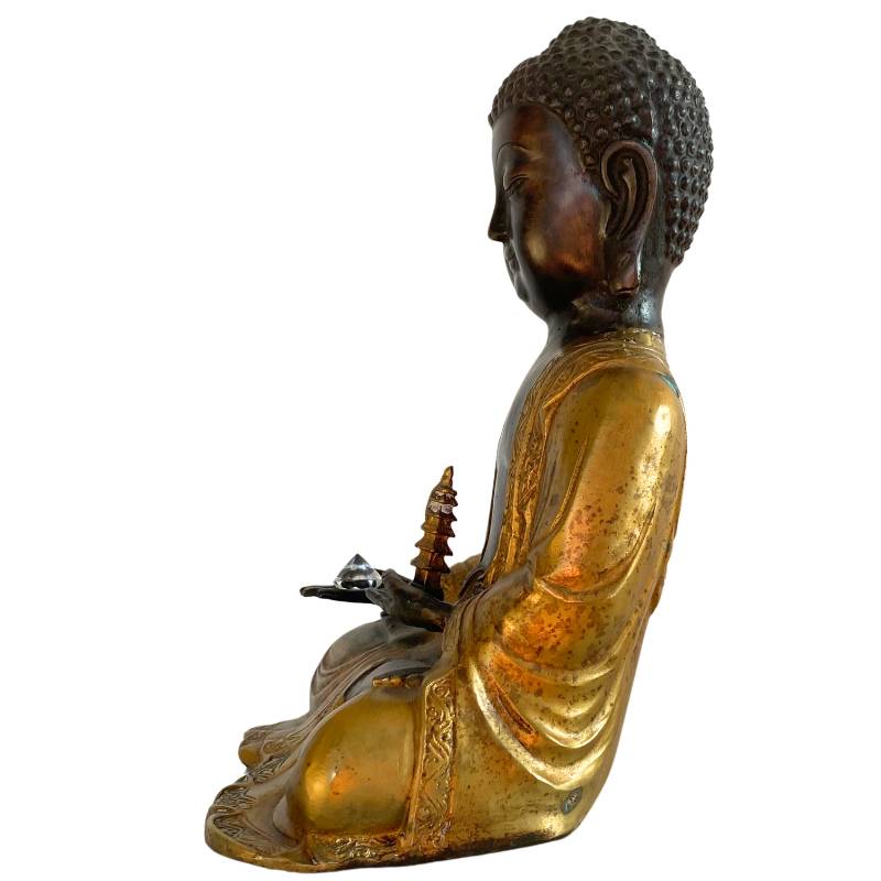 Himalayan Amitabha Buddha with Stupa & Crystal – Bronze, 27 cm – left-side view