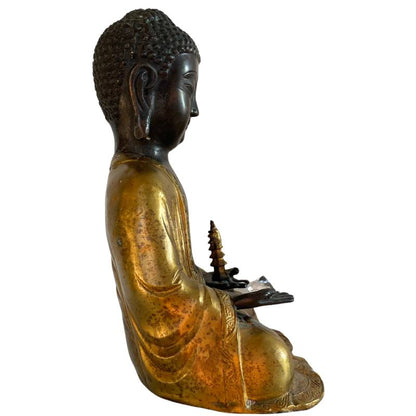 Himalayan Amitabha Buddha with Stupa & Crystal – Bronze, 27 cm – right-side view