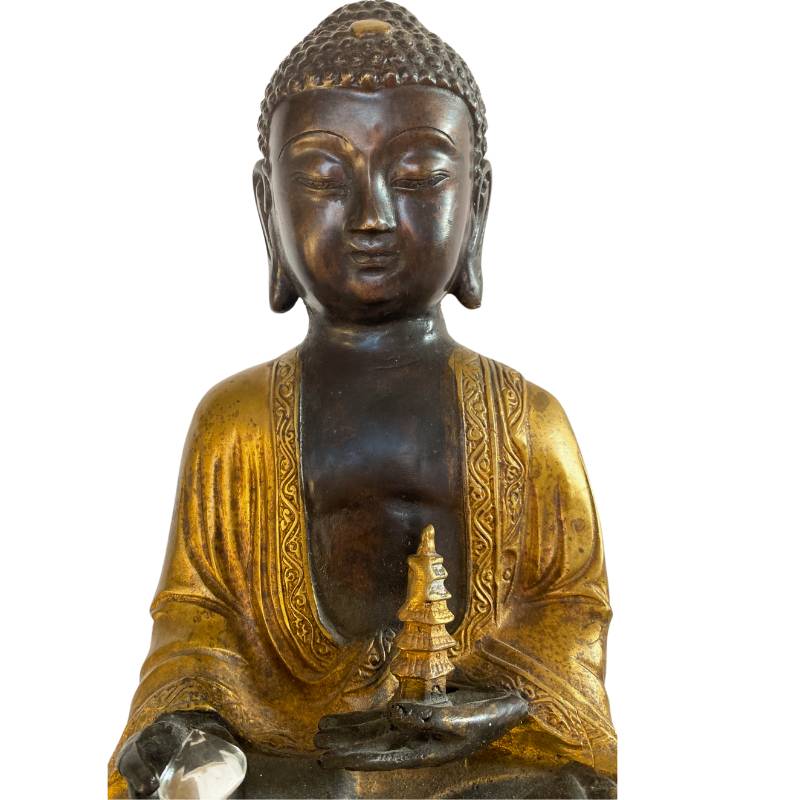 Himalayan Amitabha Buddha with Stupa & Crystal – Bronze, 27 cm – close view of the upper section