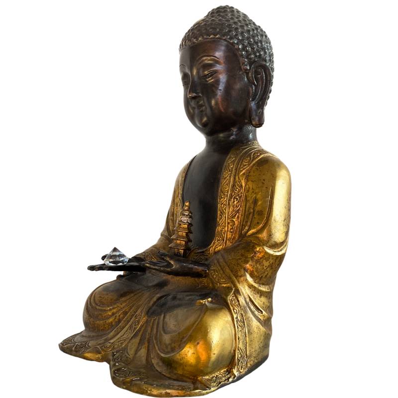Himalayan Amitabha Buddha with Stupa & Crystal – Bronze, 27 cm – three-quarter front view