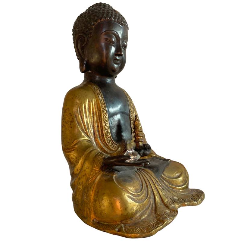 Himalayan Amitabha Buddha with Stupa & Crystal – Bronze, 27 cm – opposite three-quarter front view