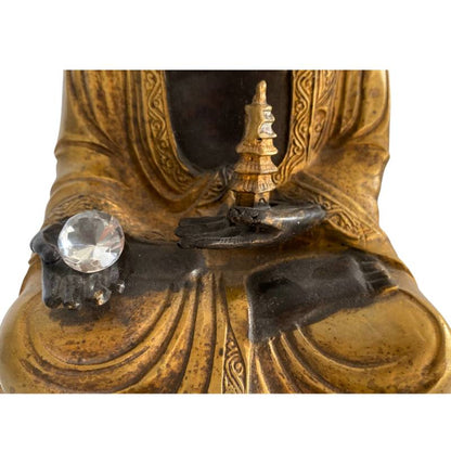 Himalayan Amitabha Buddha with Stupa & Crystal – Bronze, 27 cm – close view of the central details