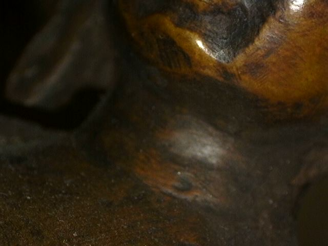 Close-up of cheek and aged bronze surface on Himalayan Buddha