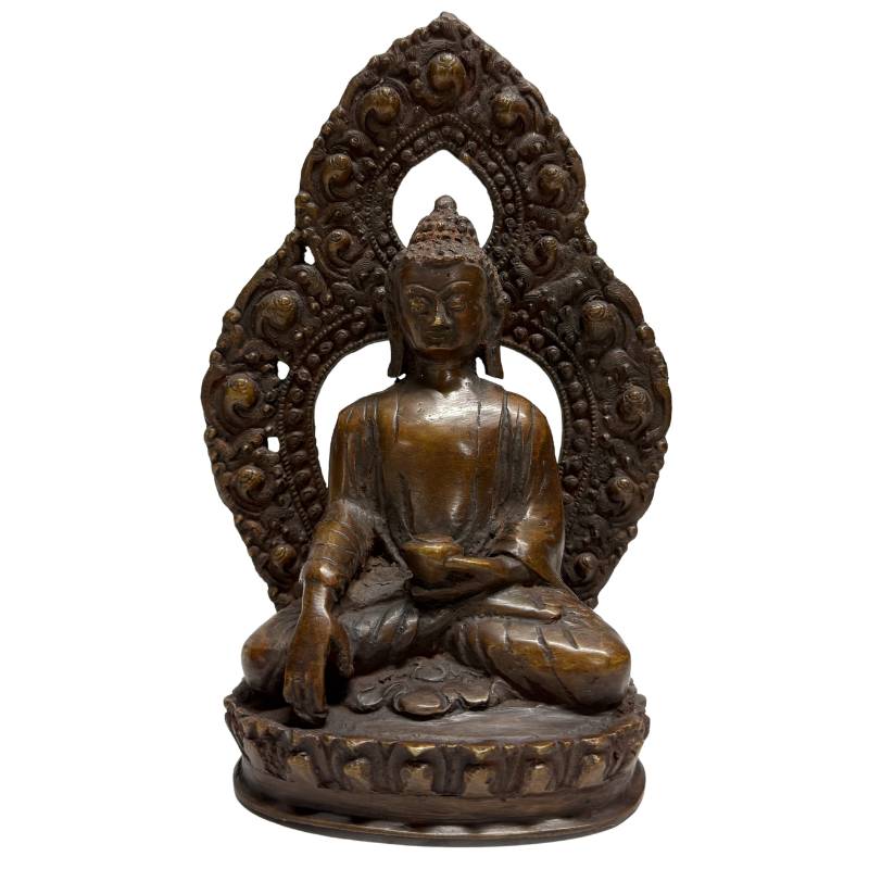 Himalayan bronze Buddha with earth-touching gesture on lotus base, front view