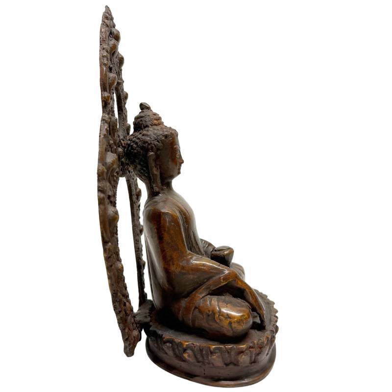 Left profile of Himalayan bronze Buddha with earth-touching gesture