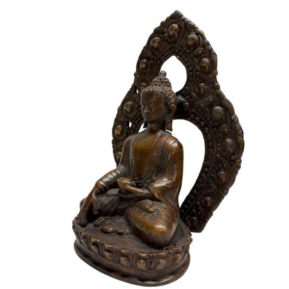 Right angled view of Himalayan bronze Buddha with earth-touching gesture