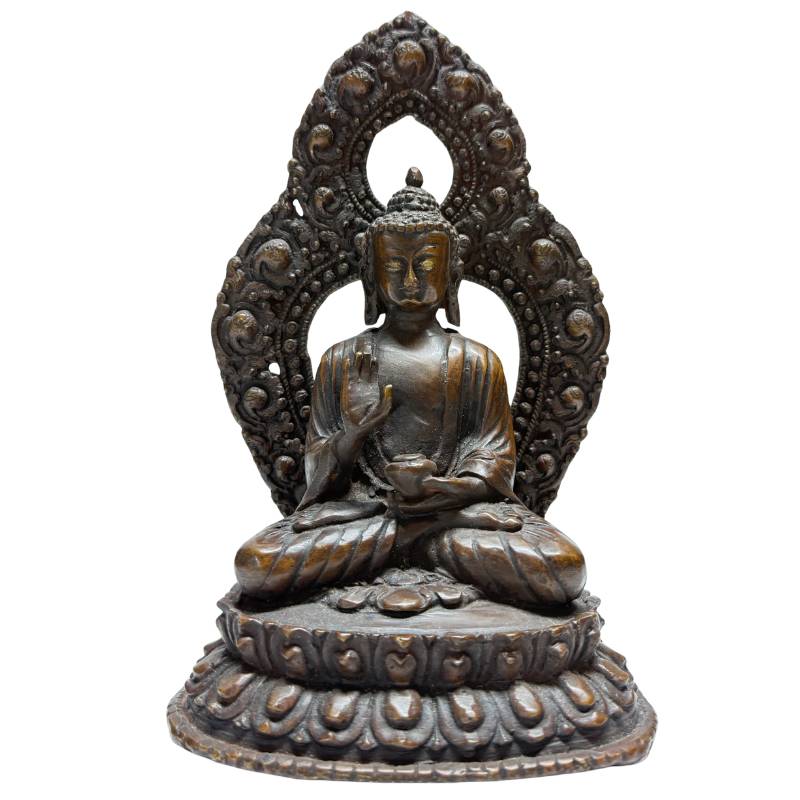 Himalayan bronze Buddha with raised teaching gesture on lotus base, front view