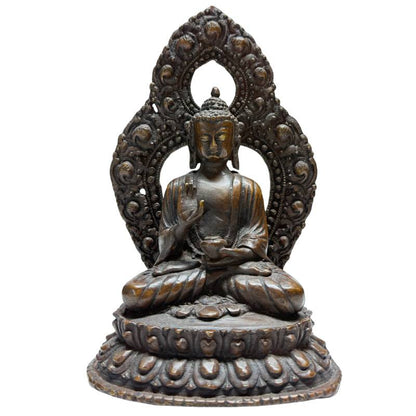 Himalayan bronze Buddha with raised teaching gesture on lotus base, front view
