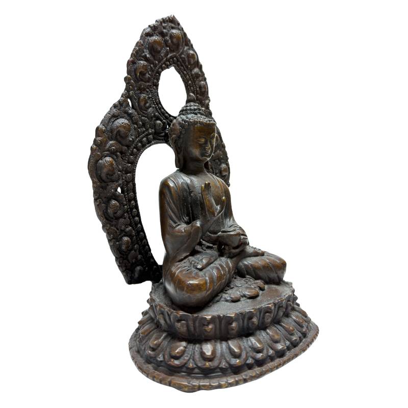 Himalayan bronze Buddha with raised teaching gesture and openwork aureole, right angle