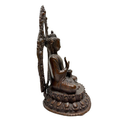 Right profile of Himalayan bronze Buddha with raised teaching gesture