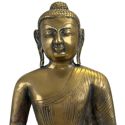 Serene face, urna and fine hair curls of the antique Himalayan bronze Buddha