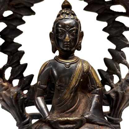 Himalayan Shakyamuni Buddha, detail of face, robe and surviving gilding