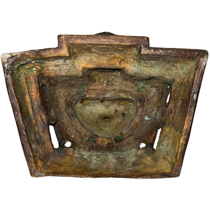 Himalayan Shakyamuni Buddha ensemble, underside of the stepped base with oxidation
