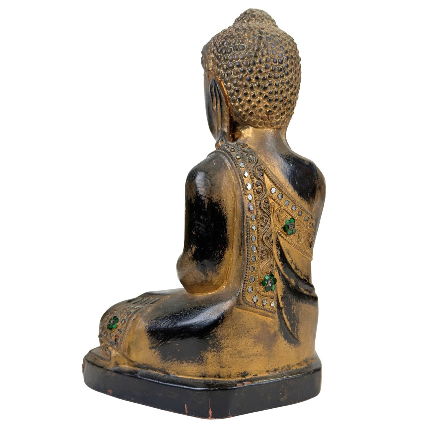 Houten Mandalay Boeddha met zwarte lak en goudkleurige details