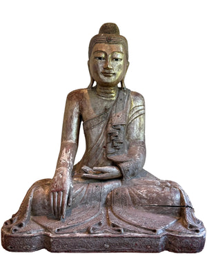 Grote Antieke Houten Boeddha 120 cm – Mandalay met ingelegde ogen.