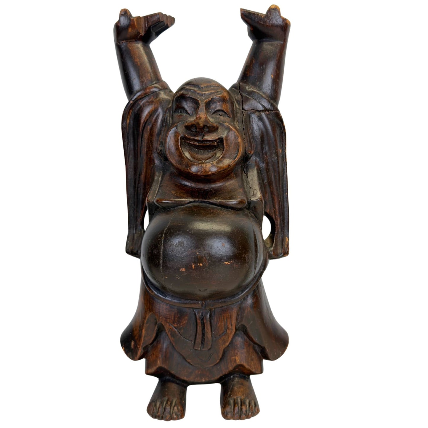 Houten Budai Lachende Boeddha uit de Chinese diaspora met opgeheven armen voor geluk en voorspoed