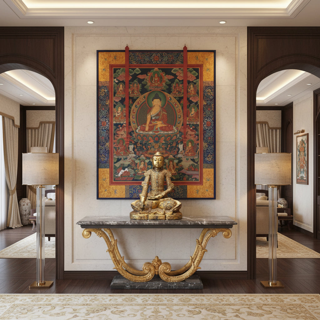 Houten Mandalay Boeddha met Bhumisparsha mudra en rijke goudblad decoratie