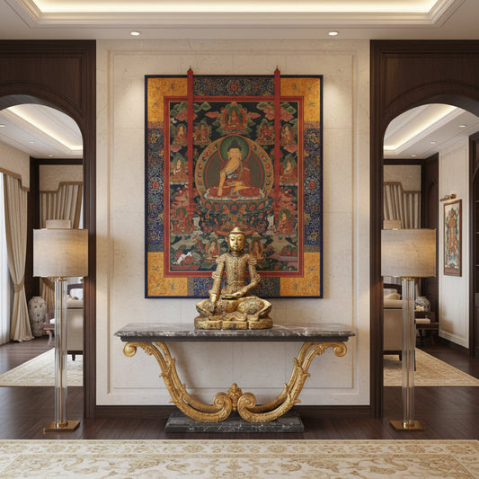 Houten Mandalay Boeddha met Bhumisparsha mudra en rijke goudblad decoratie