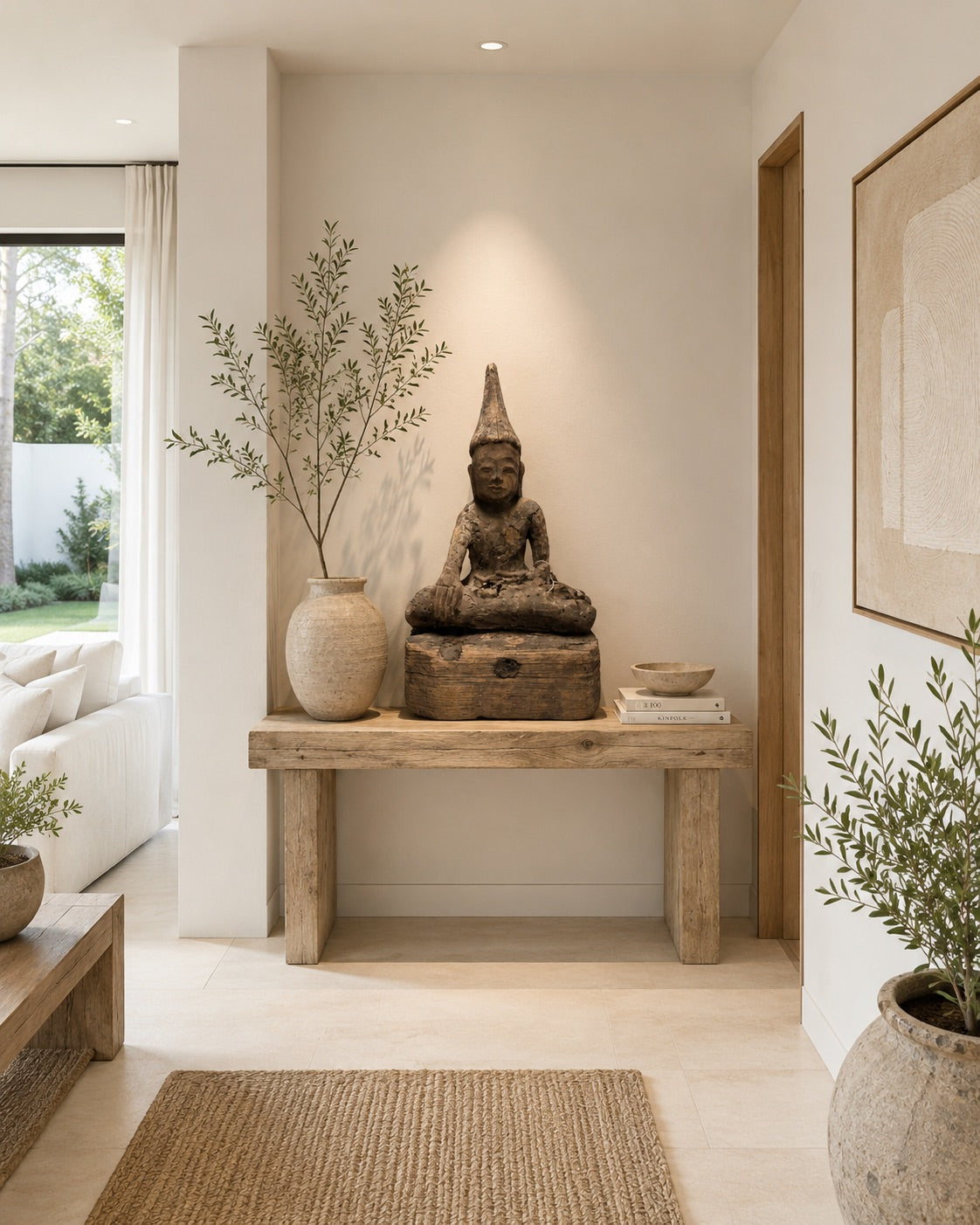 Houten Shan Boeddha met Bhumisparsha mudra, symbool voor standvastigheid en bescherming