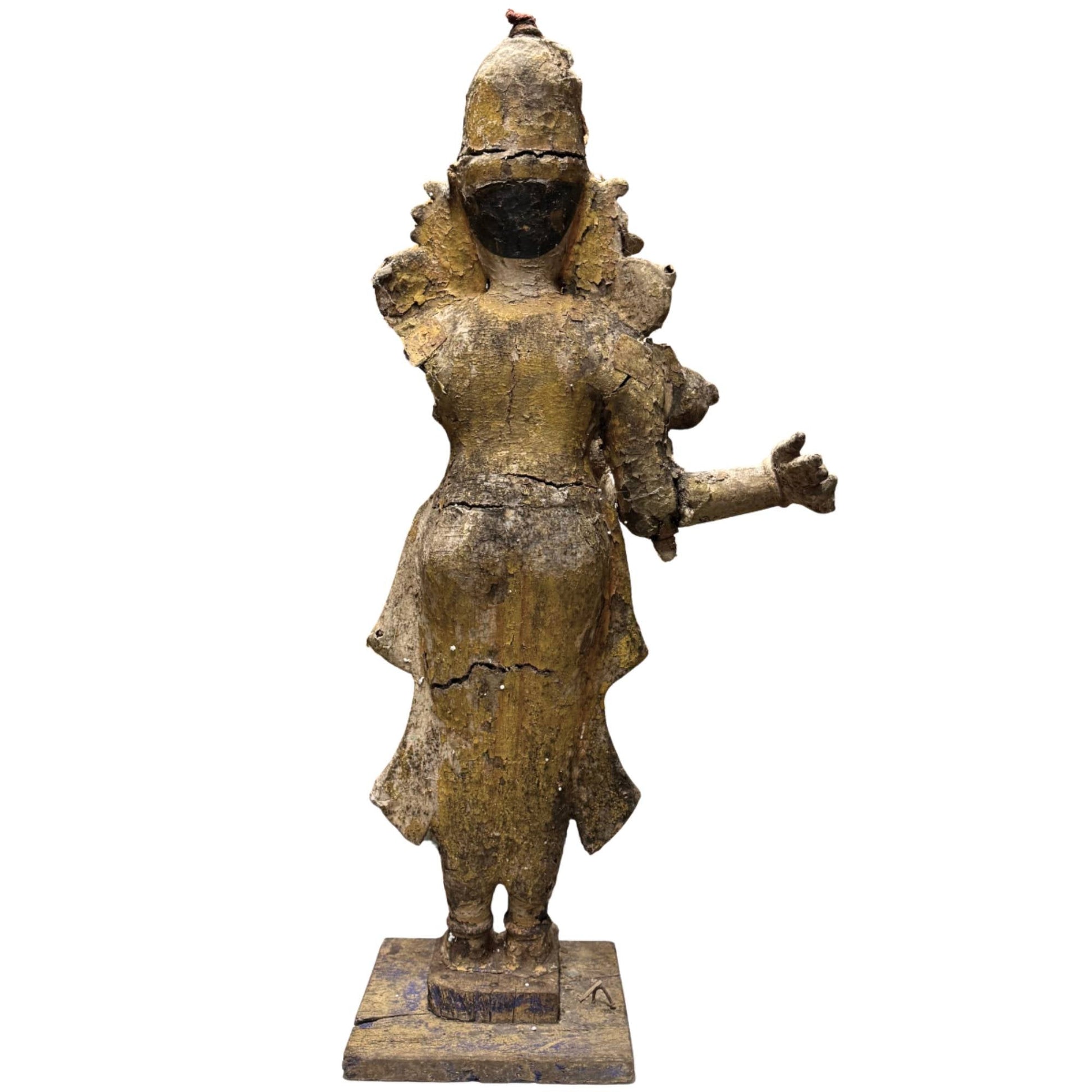 Houten Venugopala beeld met resten van polychromie, vergulding en oude laklagen