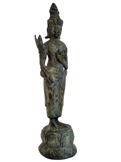 Detailed bronze pedestal supporting the standing bodhisattva