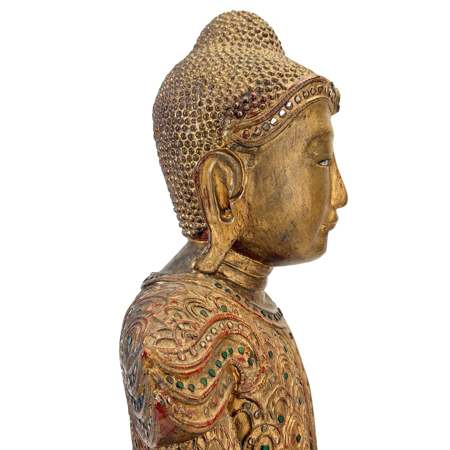 Royal headband and glass inlay detail on the Burmese Jambupati Buddha