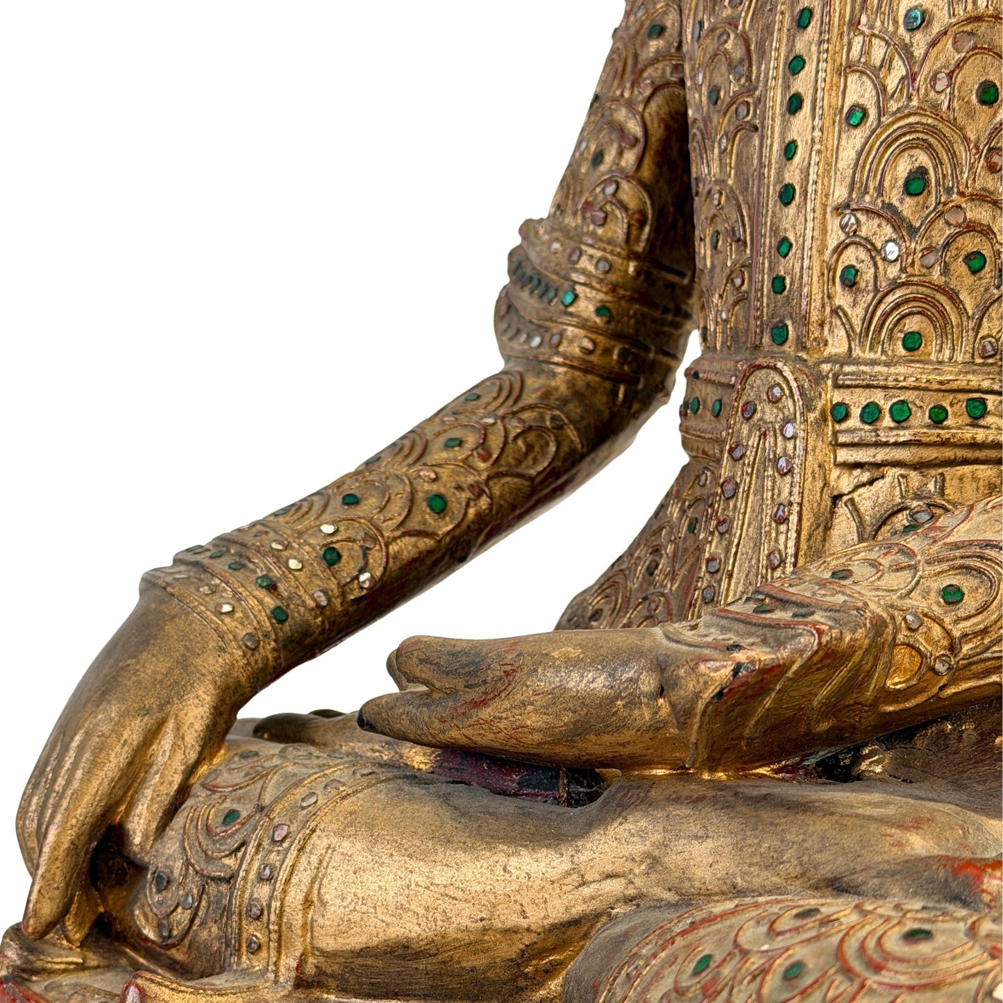Left meditation hand and glass mosaic detail on the Burmese Jambupati Buddha