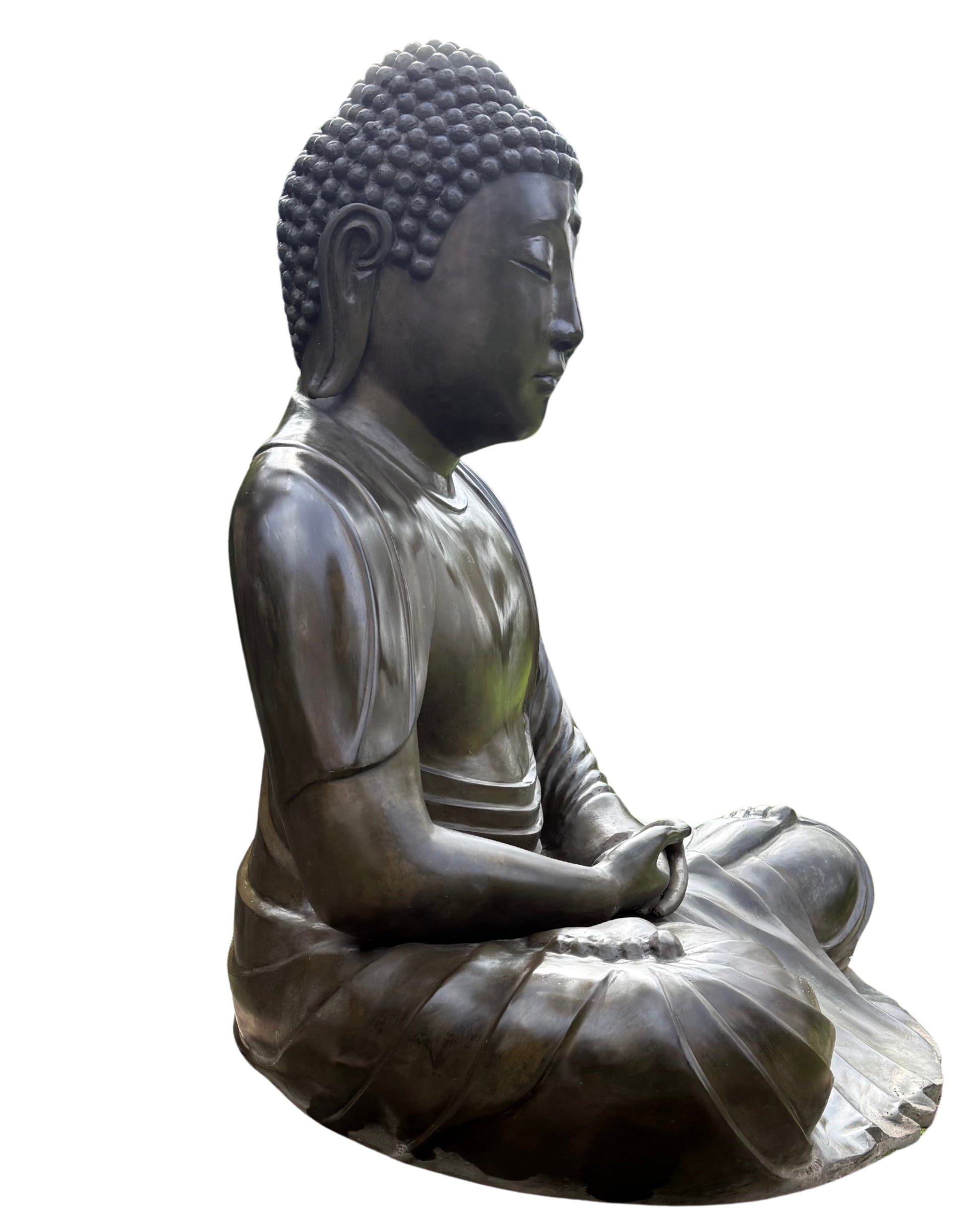 Weathered dark brown and olive patina on the large Japanese Amida Buddha