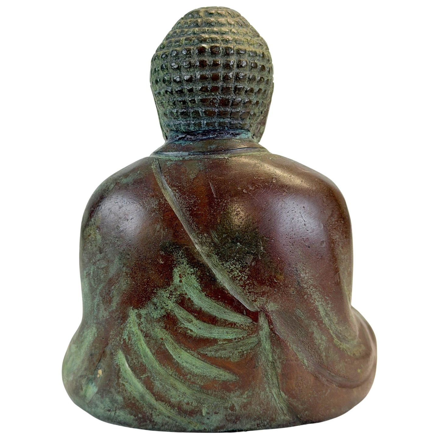 Back view of the Japanese Buddha with diagonal robe folds and green verdigris