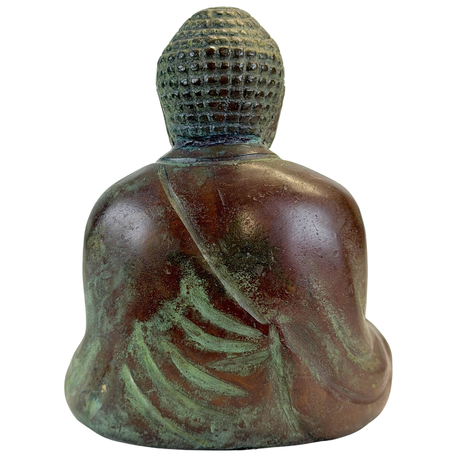 Back view of the Japanese Buddha with diagonal robe folds and green verdigris