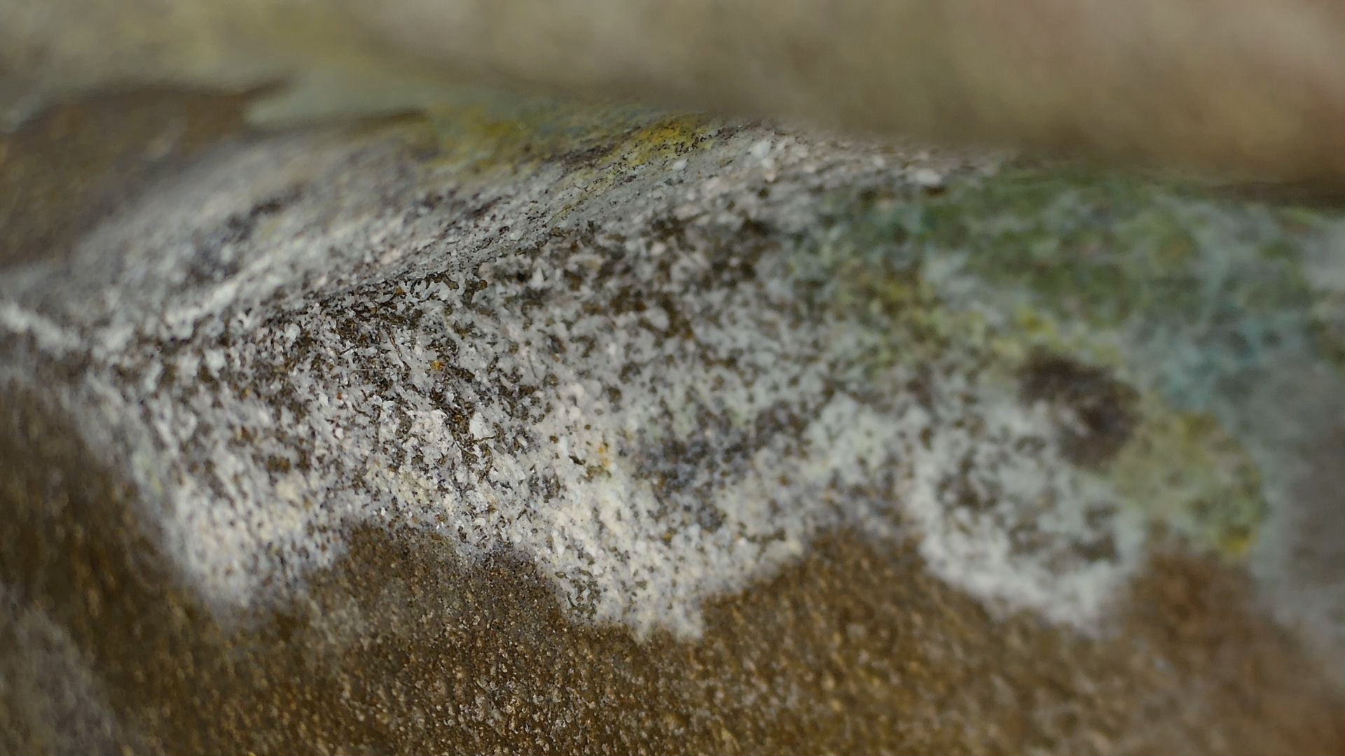 Macro view of the interior casting surface with pale mineral deposits and oxidation