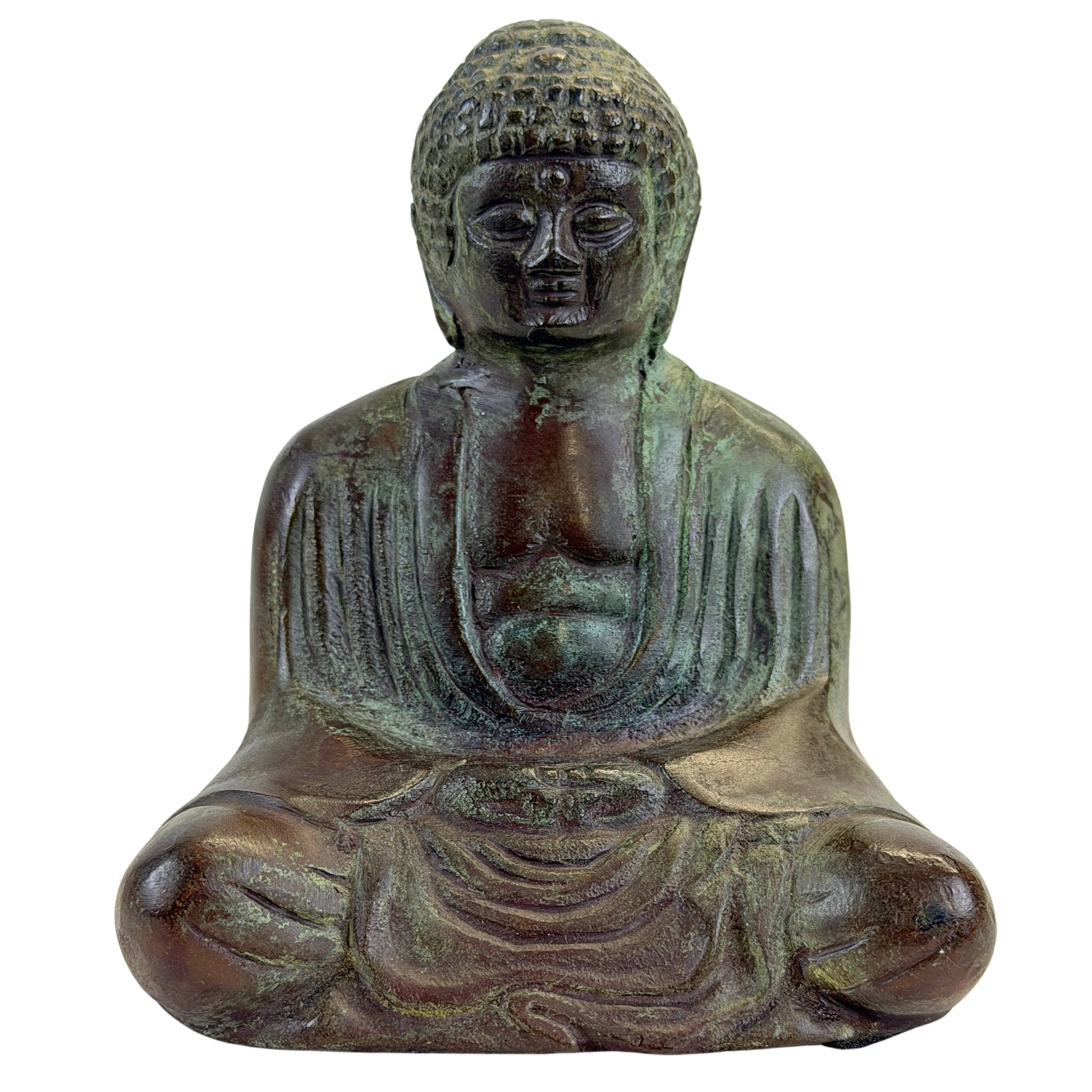 Front view of an early 20th-century Japanese bronze Buddha seated in Dhyana meditation