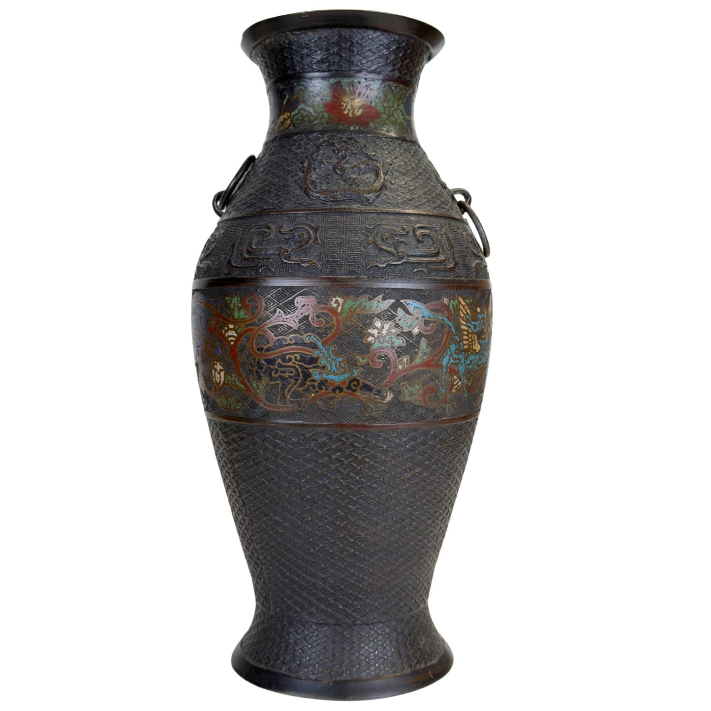 Grote Japanse bronzen champlevé vaas met kleurrijke fabeldieren, donker gepatineerd brons en decoratieve emailleband
