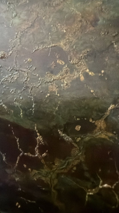 Macro detail of green oxidation and naturally aged patina on the Javanese bronze Buddha