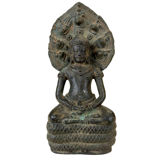 Khmer-Style Muchalinda Naga Buddha – Heavy Bronze, 22 cm – front view