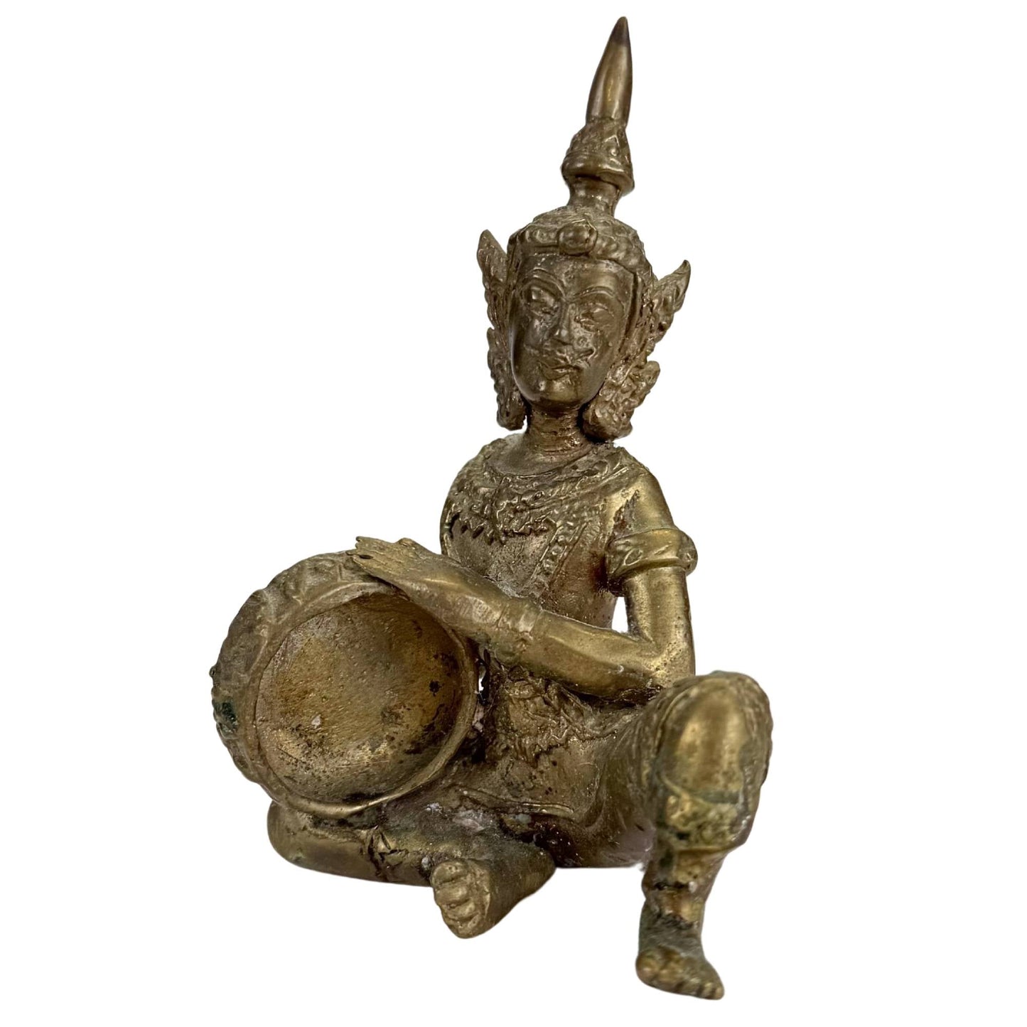 Kleine Thaise bronzen muzikantenfiguur met traditioneel instrument