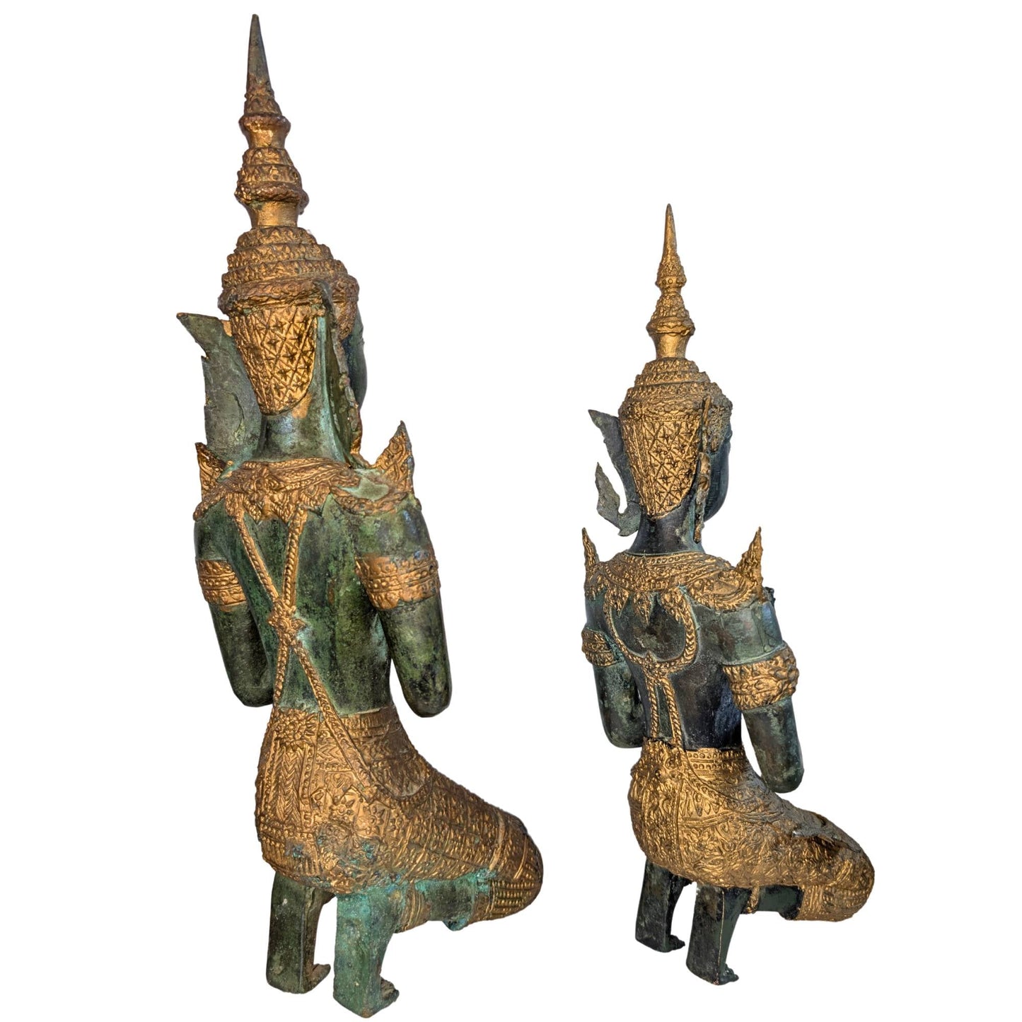 Knielende tempelwachters van brons Thailand met goud en patina
