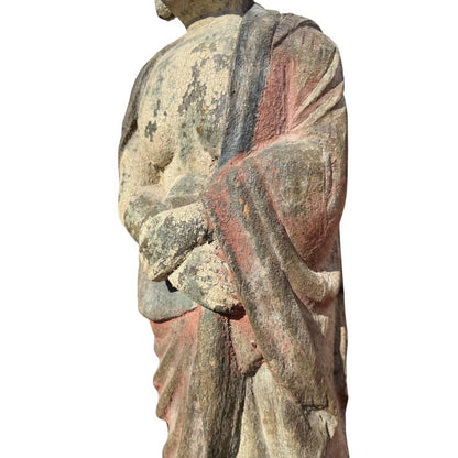 Old Chinese Guanyin – Polychrome Carved Wood, 80 cm – surface and patina detail