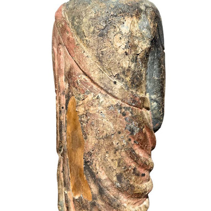 Old Chinese Guanyin – Polychrome Carved Wood, 80 cm – close view of the upper section