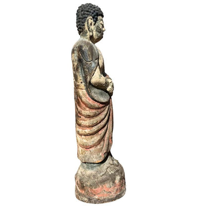 Old Chinese Guanyin – Polychrome Carved Wood, 80 cm – right three-quarter rear view