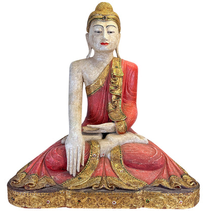 Large Burmese Mandalay Buddha – Carved Wood & Glass, ca. 1970 – front view