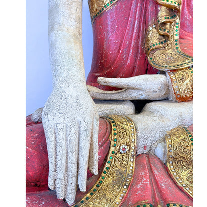 Large Burmese Mandalay Buddha – Carved Wood & Glass, ca. 1970 – left three-quarter rear view