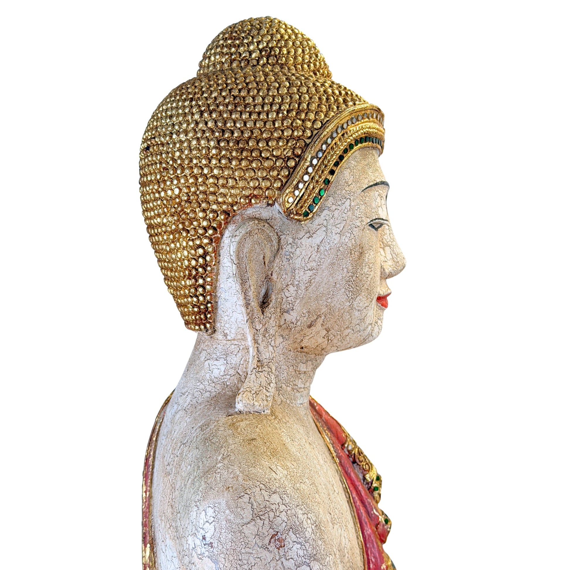 Large Burmese Mandalay Buddha – Carved Wood & Glass, ca. 1970 – close view of the upper section