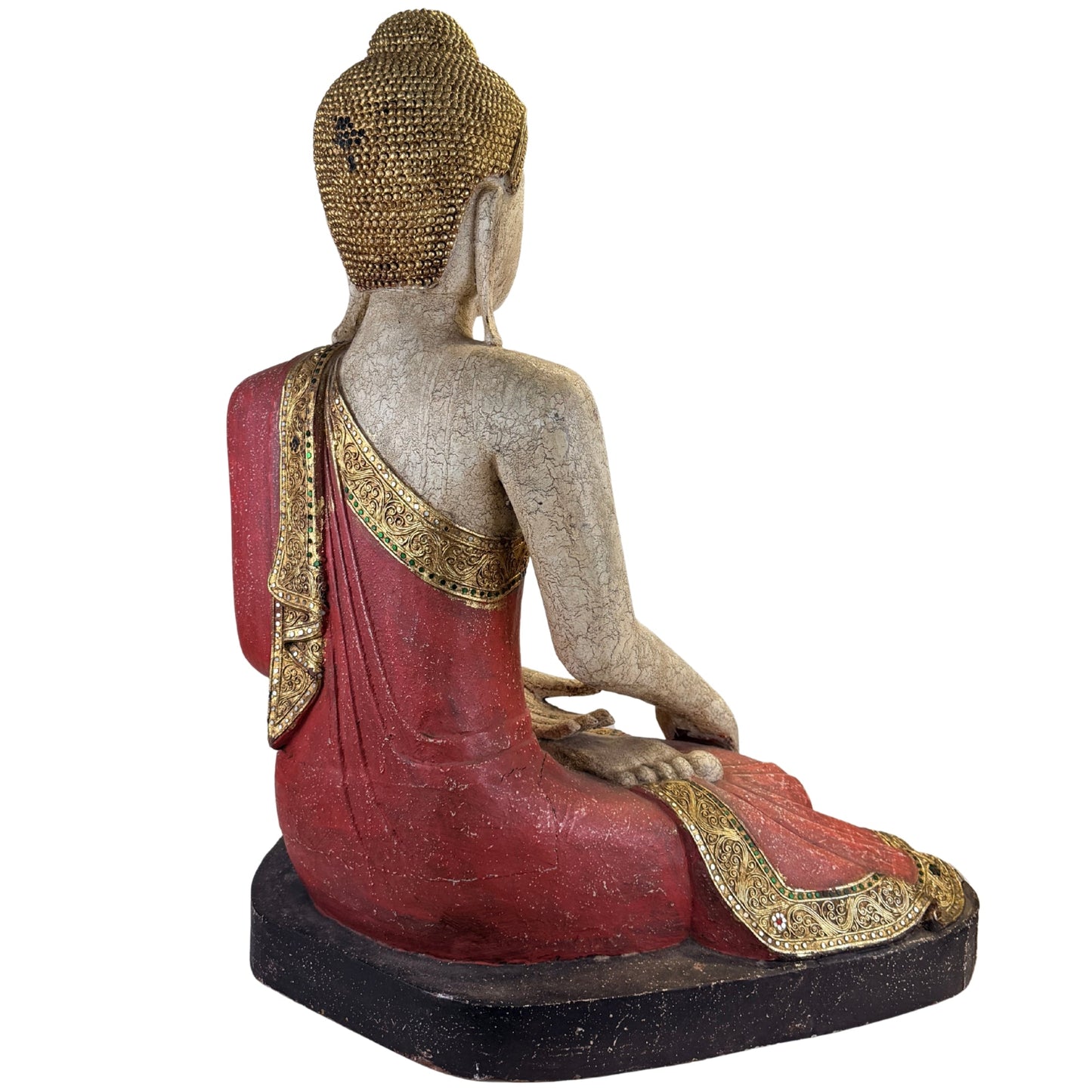 Large Burmese Mandalay Buddha – Carved Wood & Glass, ca. 1970 – close view of the central details